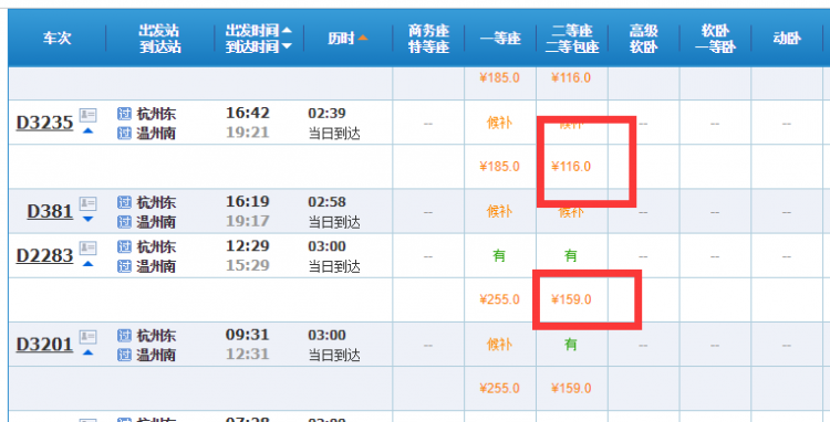 杭州到温州坐火车多少钱