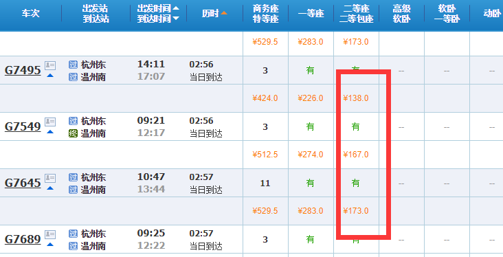 杭州到温州坐火车多少钱